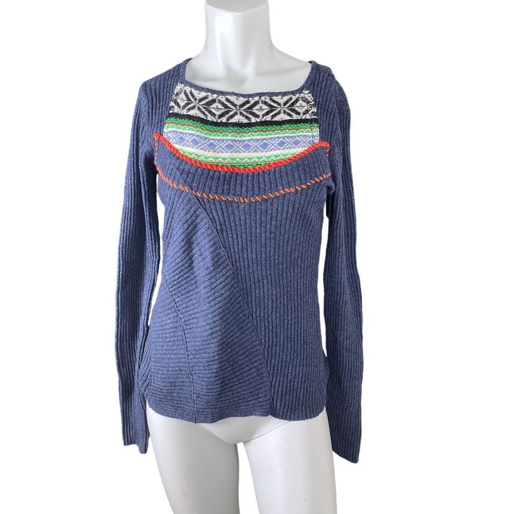 Anthropologie Tabitha Tribal Lambswool Blend Pullover Sweater Blue M